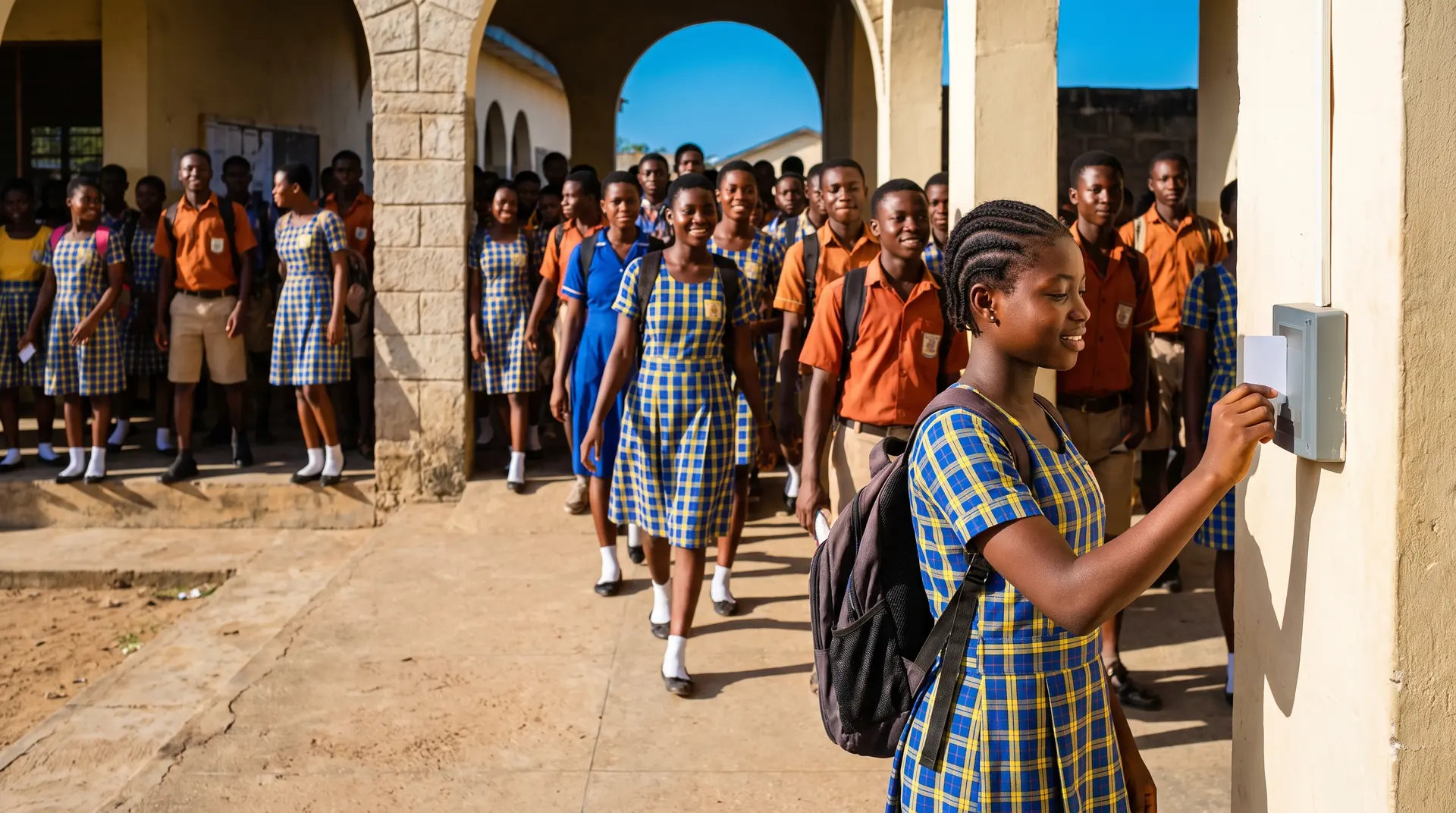 Secondary school students arriving in the morning