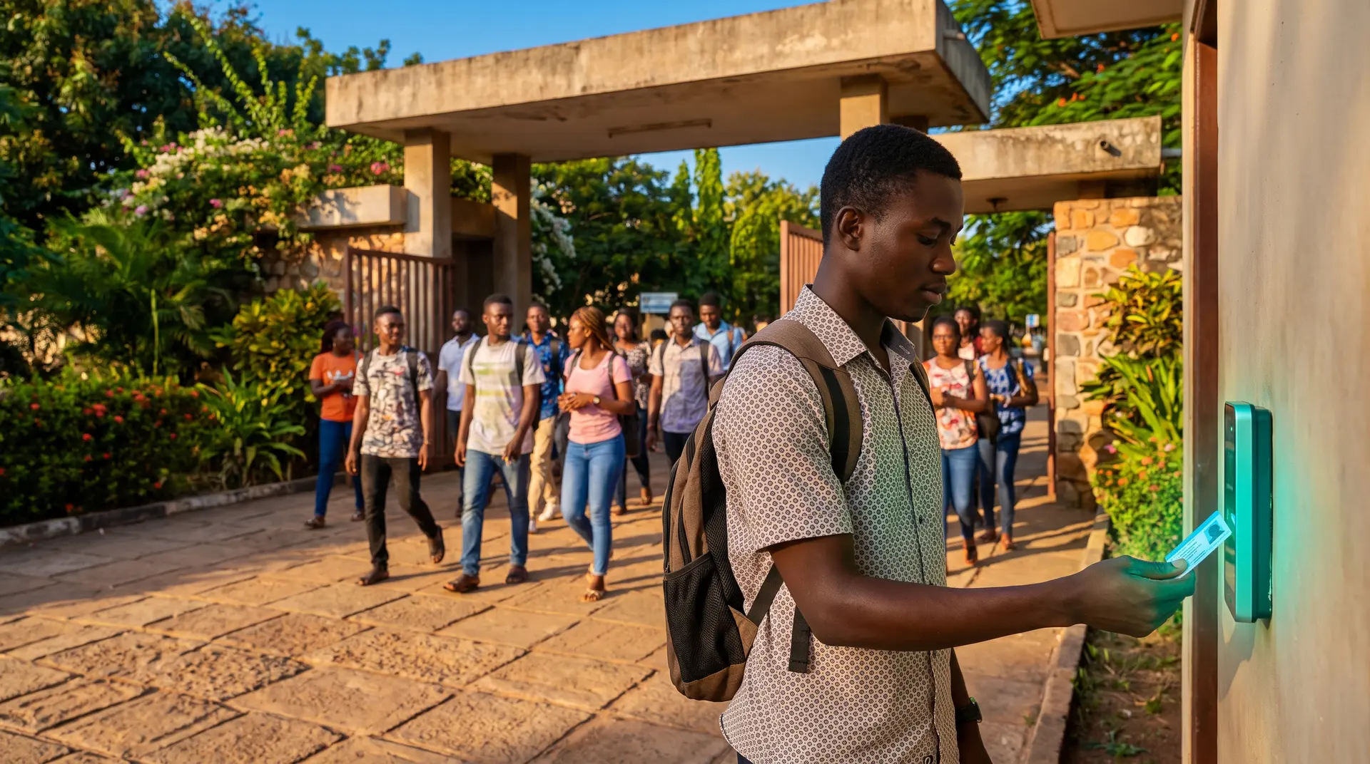 A student presenting an ID card at a campus gate reader
