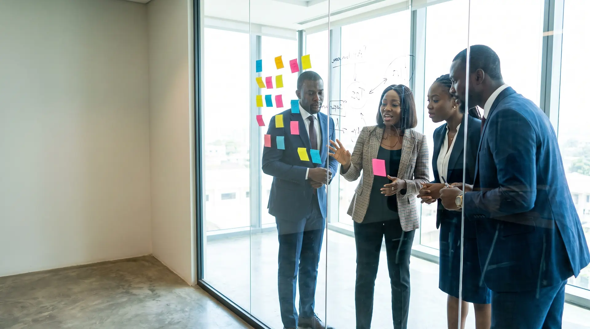A strategy session at a glass wall of process diagrams